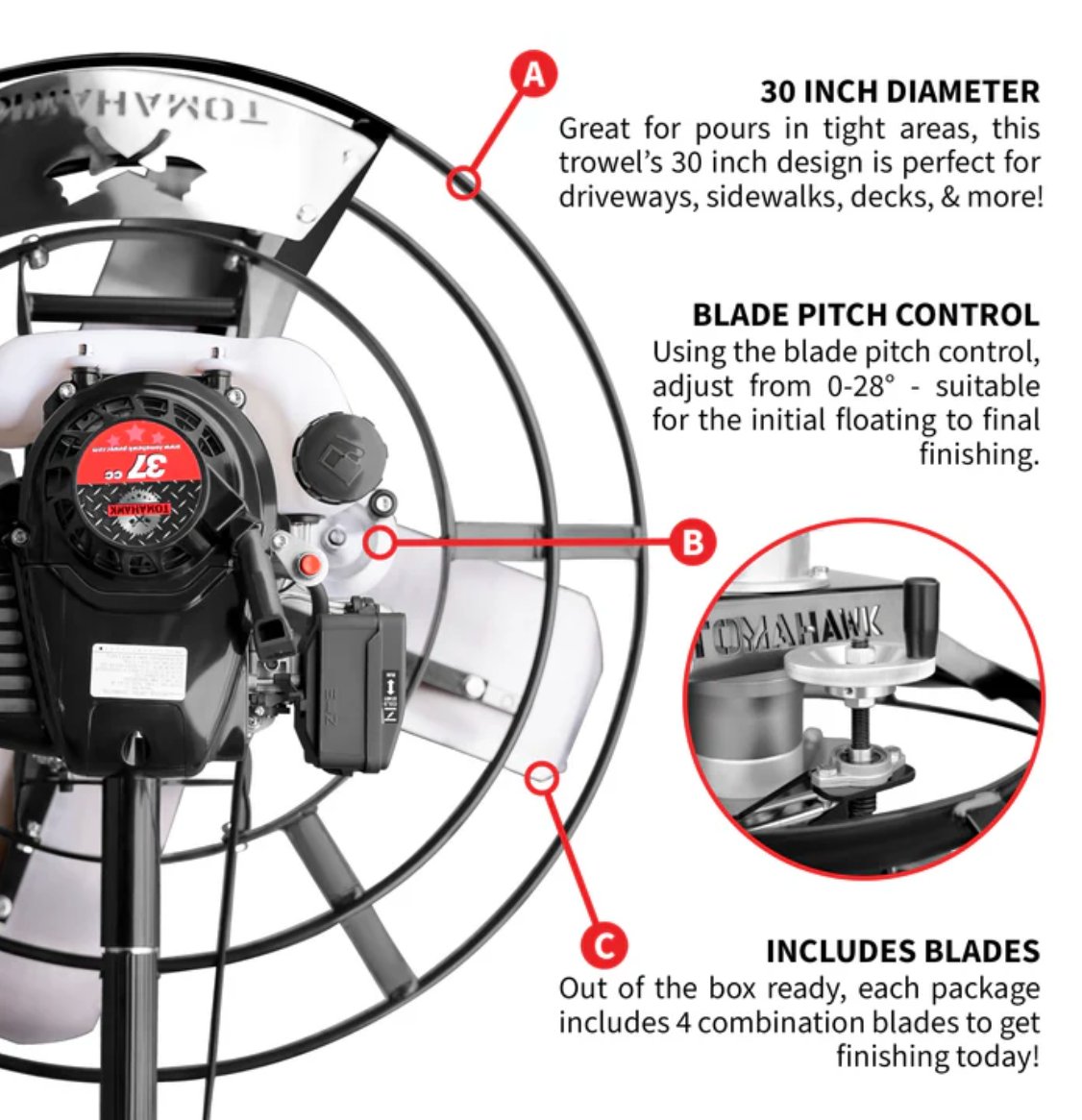30" Portable Concrete Power Trowel with 18ft Bull Float Handle 37cc Engine